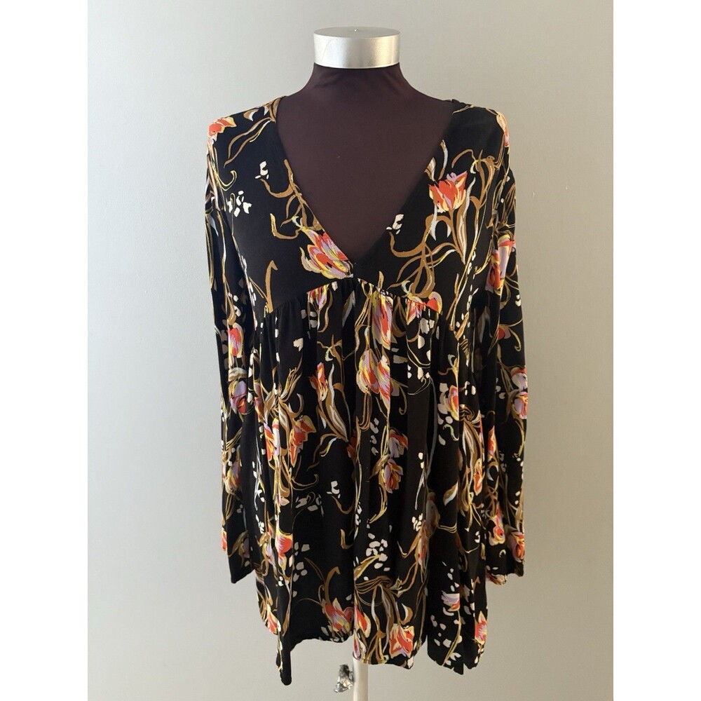 Free People Tunic Womens Medium Black Floral Bella Bell Sleeve Boho Festival